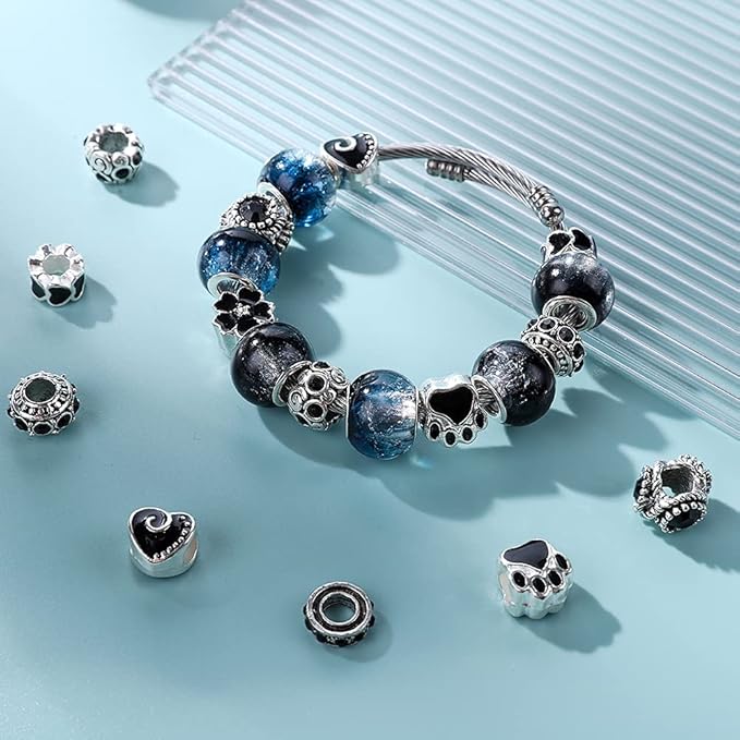 60 Pieces Assorted European Beads with Plating Silver Metal Alloy Rhinestone Large Hole Spacer Beads for DIY Charm Bracelet Jewelry Making (Black)