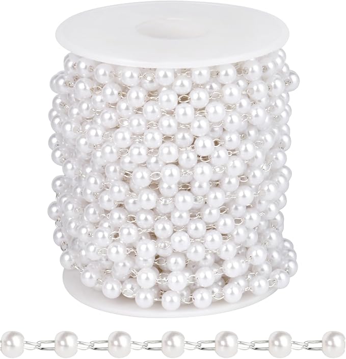 [33 FT] Silver Plated Pearl Beads Chain Bulk for Jewelry Making, 5mm Pearls Beaded Brass Oval Link Chains Roll Spool for DIY Craft Jewelry Making