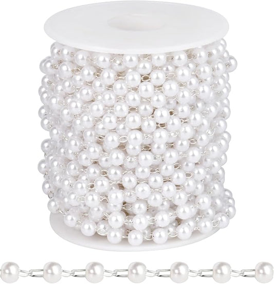 [33 FT] Silver Plated Pearl Beads Chain Bulk for Jewelry Making, 5mm Pearls Beaded Brass Oval Link Chains Roll Spool for DIY Craft Jewelry Making