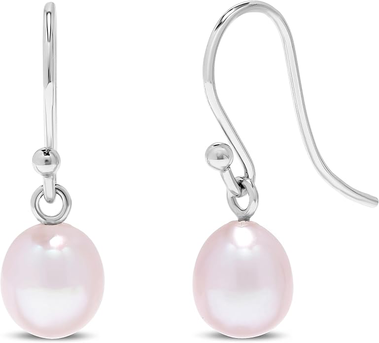 .925 Sterling Silver AAA Natural Pink Teardrop Shaped Freshwater Cultured Pearl French Wire Dangling Drop Earrings
