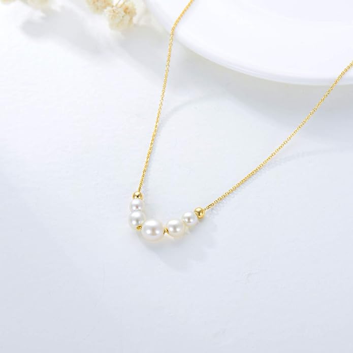 14K Solid Gold Pearls Necklace for Women, Real Gold Freshwater Cultured Pearl Beads Pendant Anniversary Birthday Jewelry Gifts for Her, Wife, Mom,16"-18"