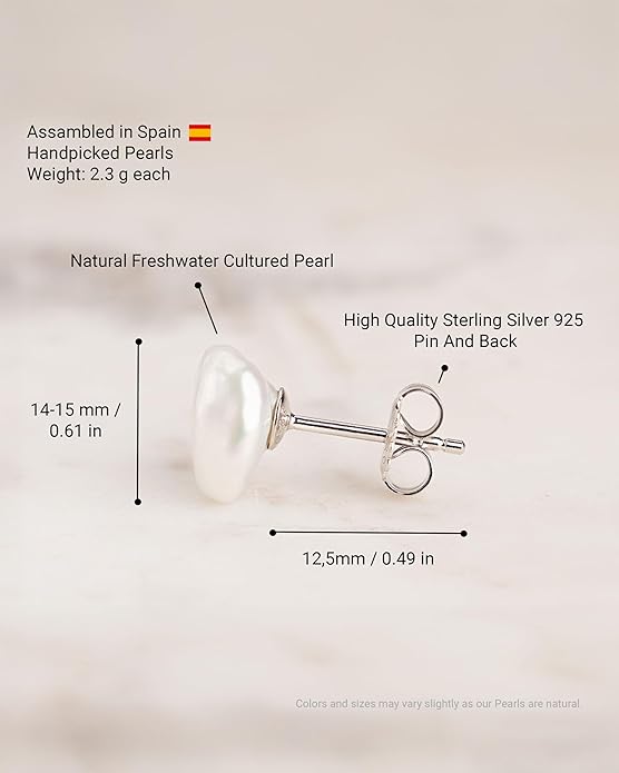 Woman Pearl Earrings Freshwater Cultured Keshi Pearls in White and Gray by SECRET & YOU | Sterling Silver 925 | Available in 10 sizes from 7-8 mm to 15-16 mm