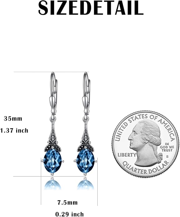 AOBOCO Vintage Earrings for Women Sterling Silver Retro Drop Dangle Leverback Earrings with 8x6mm Oval Genuine or Simulated Birthstone Crystal from Austria, Anniversary Jewelry Gifts for Her (Gift Box)