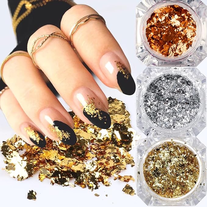 Holographic Nail Foil Glitter Flakes 3D Sparkly Aluminum Foil Flake Sequins Nail Art Accessories Rose Gold Red Silver Foils Glitter Nail Supplies Mirror Powder Acrylic Nails Decoration (4Boxes)