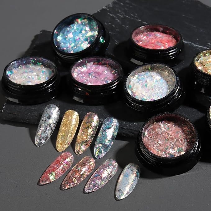 Holographic Mermaid Nail Art Glitter Iridescent Flakes, 8 Colors Aurora Irregular Ice Slag Opal Nail Foil Flakes Ultra-Thin Paillettes Glitter Sequins for Gel Polish Nail Art Decoration, Resin Craft