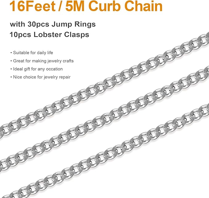 Kyutong Twist Curb Link Chain Bulk Silver Jewelry Making Chain Supplies 16.4 Feet Stainless Steel Chain Roll Making Craft DIY Bracelet Ankle with Lobster Clasps and Jump Rings