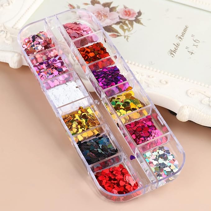 Heart Glitter Nail Art Sequins, 3D Sparkly Love Heart Nail Flakse Designs, 12 Colors Holographic Laser Big Small Hearts Nail Supplies for Women Manicure Sparkle Decorations, DIY Shiny Resin Nail Art