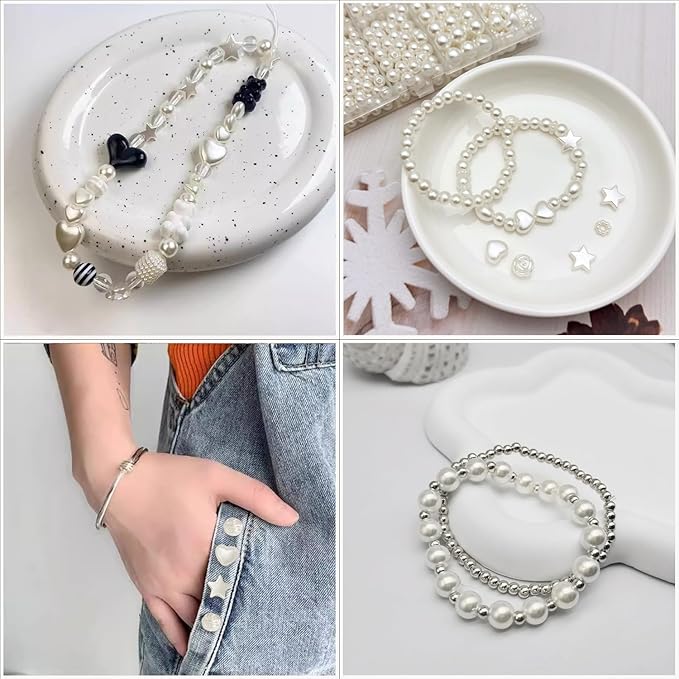 1300pcs Pearl Round Spacer Beads Set 3/4/5/6/8mm 5 Size and 5 Styles Pearl Spacer Beads for Bracelets Jewelry Making Necklace Earring Making Supply