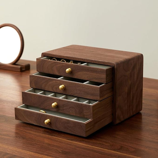 Wooden Jewelry Box for Women Men, Large Velvet Lined Organizer with 4 Drawers, Solid Black Walnut Brass Handles, Jewelry Storage Box for Rings, Necklaces, Earrings