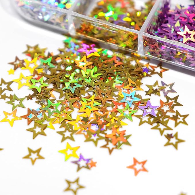 12 Colors Star Nail Art Glitter Sequins, 3D Five-Pointed Star Nail Flakes Designs, Holographic Laser Hollow Star Nail Art Supplies for Women Girls Manicure Sparkle Decorations, DIY Body Makeup Crafts