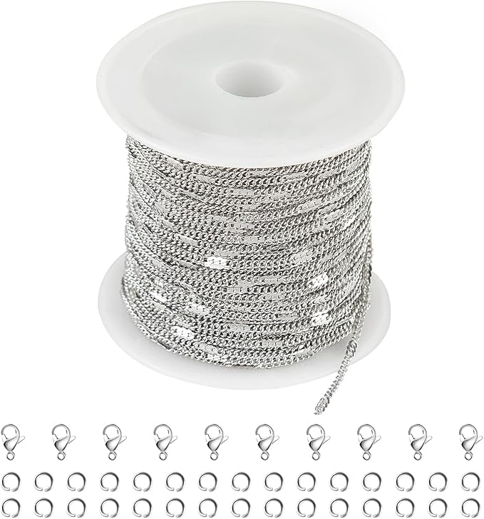 Kyutong 10M Stainless Steel Chain for Jewelry Making Thin Curb Silver Chains for Necklace Bracelet Making Supply Jewelry Findings