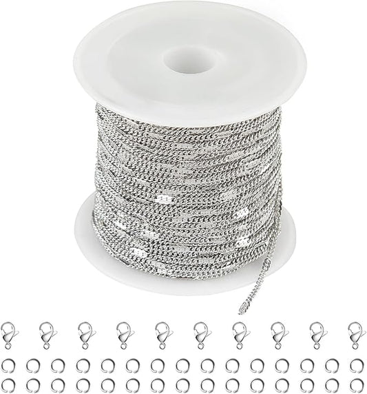 Kyutong 10M Stainless Steel Chain for Jewelry Making Thin Curb Silver Chains for Necklace Bracelet Making Supply Jewelry Findings