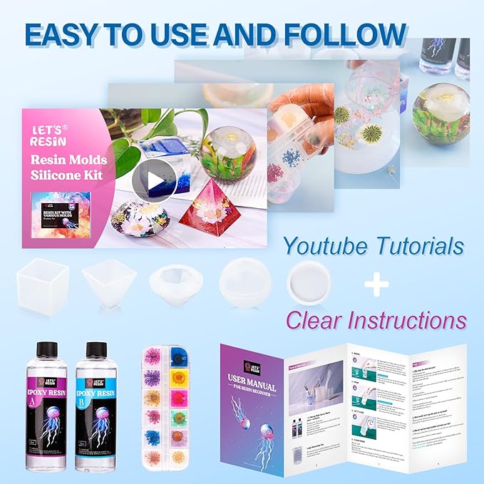 LET'S RESIN Epoxy Resin Kits and Molds Complete Set, 16oz Resin Art Kit with Silicone Molds, Pigment, Dried Flowers, Crafts for Adults, Beginners, Art Supplies for DIY Lovers, DIY Gift for Women