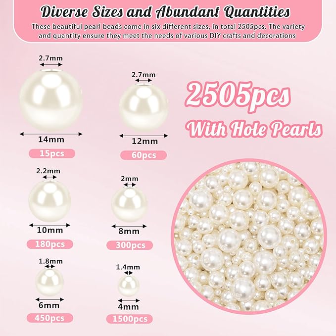 2505Pcs Pearls for Crafting, 6 Size Ivory Pearls with Holes for Jewelry Making, Bulk Fake Pearl Beads for Vase Filler Decoration, Candles Centerpiece, DIY Crafts Necklace Bracelets (4/6/8/10/12/14mm)