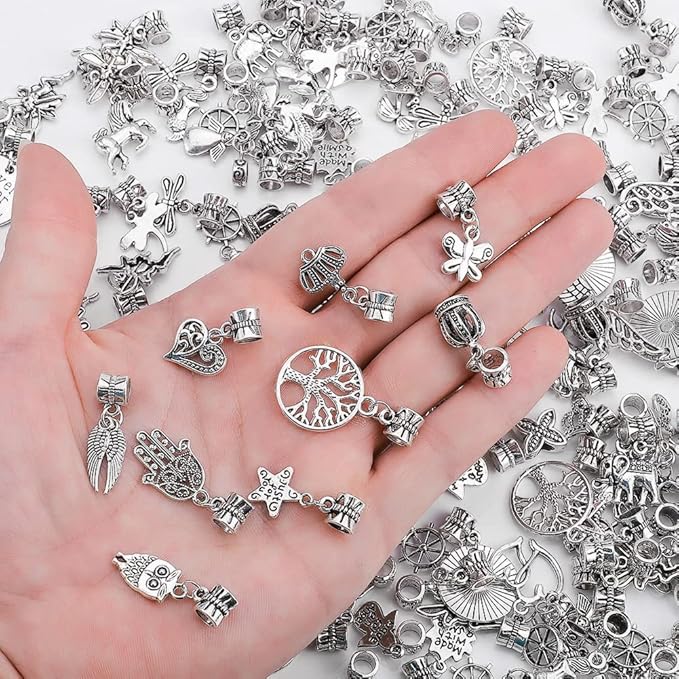 60 Pieces Assorted European Beads with Plating Silver Metal Alloy Rhinestone Large Hole Spacer Beads for DIY Charm Bracelet Jewelry Making (Alloy Pendant)
