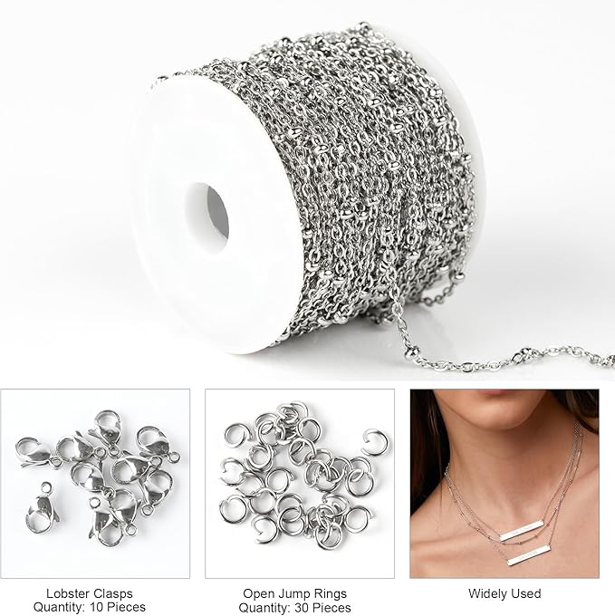 Kyutong Dainty Beaded Chain for Jewelry Making Silver Cable Chain Spool 304 Stainless Steel Chains Link for Women Men Making Jewelry Craft Finding Supplies