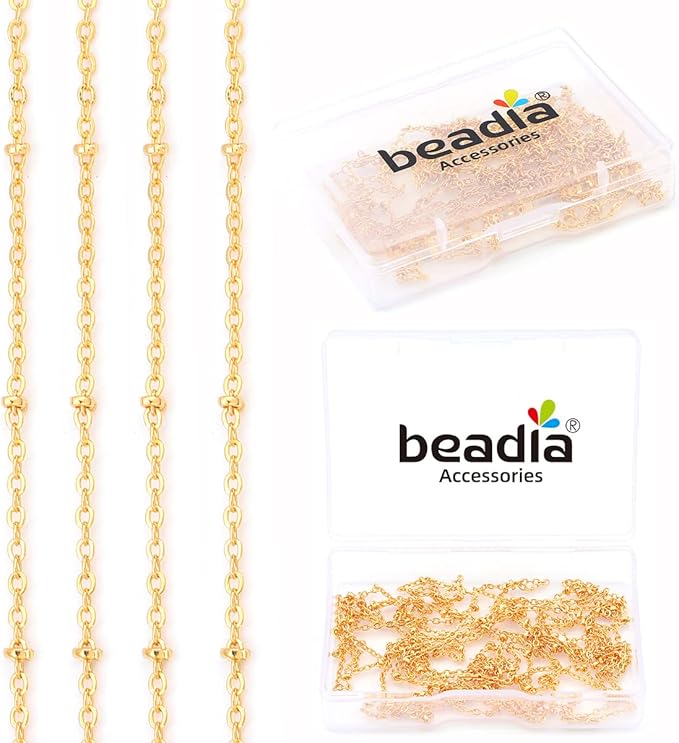 BEADIA 18K Gold Plated O Chains 1.6mm with 2mm Beads 2 Meters for Jewelry Making Findings