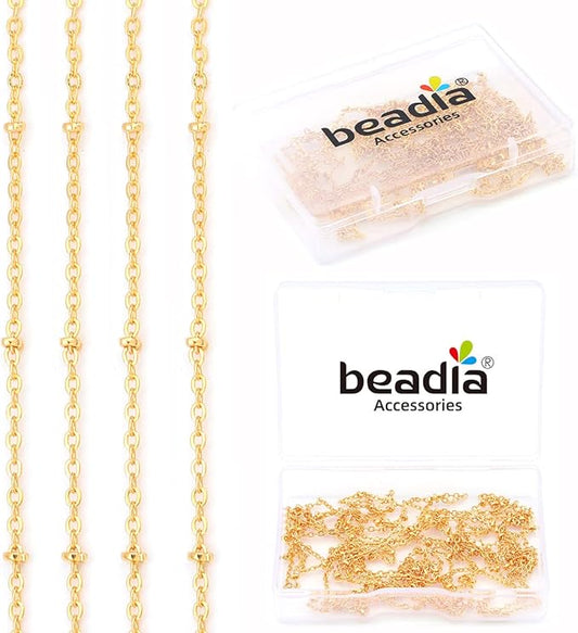 BEADIA 18K Gold Plated O Chains 1.6mm with 2mm Beads 2 Meters for Jewelry Making Findings