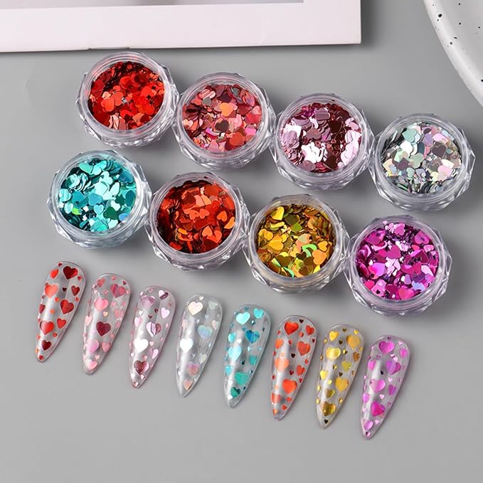 Holographic Valentines Nail Glitter Foils, 8Colors Sparkly Ultra-Thin Foil Nail Art Flakes Design, Laser Heart Nail Sequins Acrylic Supplies for Women Girls Manicure Charms Decor, DIY 3D Nail Art Tips