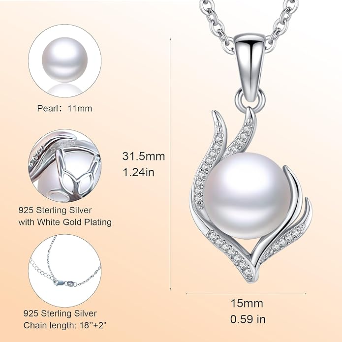Pearl Pendant Necklace for Women,925 Sterling Silver Pendant Jewelry,Anniversary Christmas Birthday Valentines Gifts for Wife, Mom, Dauhter, Girlfriend,Her