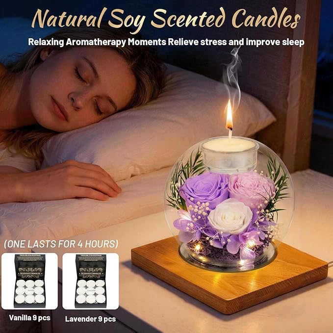 Preserved Light Purple Real Rose in Glass with Scented Candles–Forever Flower Romantic Anniversary Mothers Day Christmas Birthday Valentines Day Gifts for Her, Women, Wife, Girlfriend, Mom, Grandma
