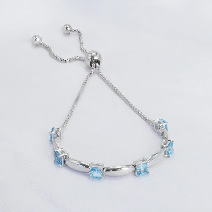 Fine Bracelet Tennis Style Pull String Birthstone Jewelry Gift for Women 925 Sterling Silver Square Sparkling Bolo Gemstone Jewelry Adjustable Bracelets