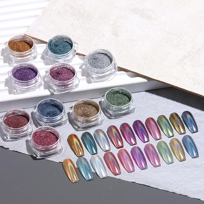 10 Colors Holographic Nail Powder, Holo Aurora Iridescent Metallic Mirror Laser Effect Chrome Pigment Glitter Dust for Salon Home Nail Art DIY Decorations