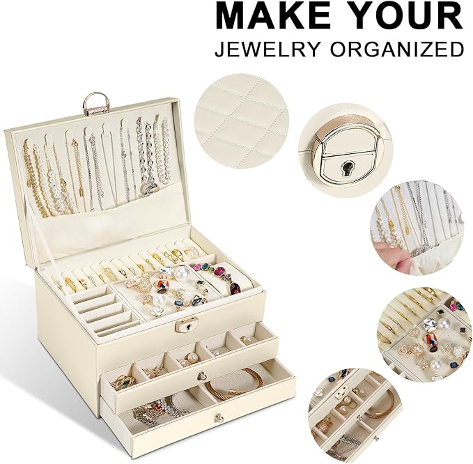GUOER Jewelry Box for Women Girl Wife 3 Layers Large PU Leather Jewelry Organizer Storage Case with Two drawers Display for Earrings Bracelets Rings Watches (Apricot)