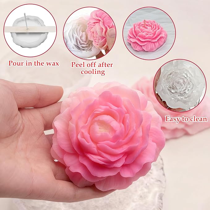 2 Pack Peony Candle Molds Set–Reusable 3D Flower Silicone Molds for Candle Making, Resin Art, Soap & Chocolate Crafts, DIY Floral Decor Supplies