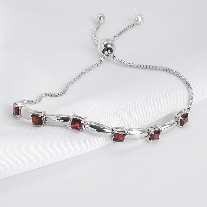 Fine Bracelet Tennis Style Pull String Birthstone Jewelry Gift for Women 925 Sterling Silver Square Sparkling Bolo Gemstone Jewelry Adjustable Bracelets