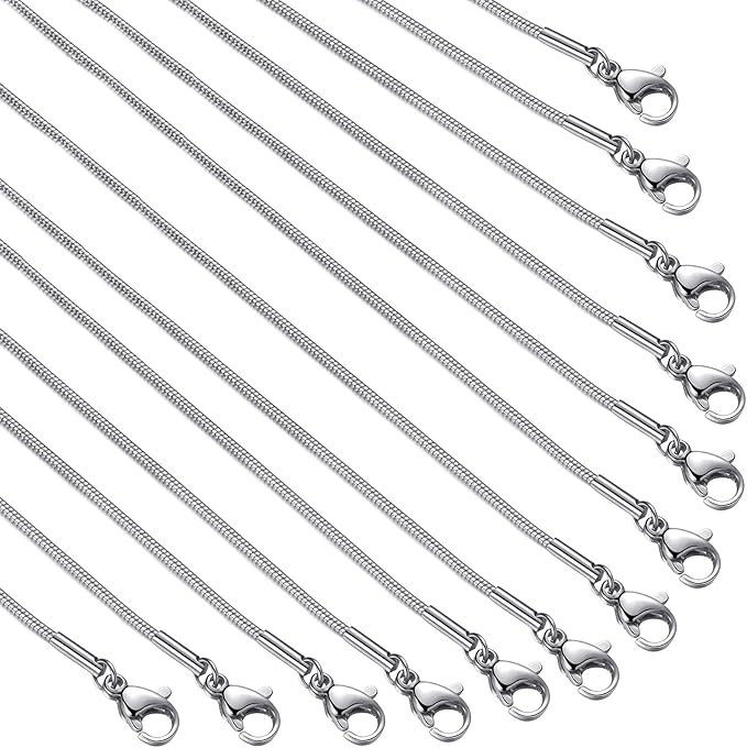 12 Pack Necklace Chains 16 Inches Stainless Steel Snake Chain Necklace with Lobster Clasps for DIY Jewelry Making, 1.2 mm
