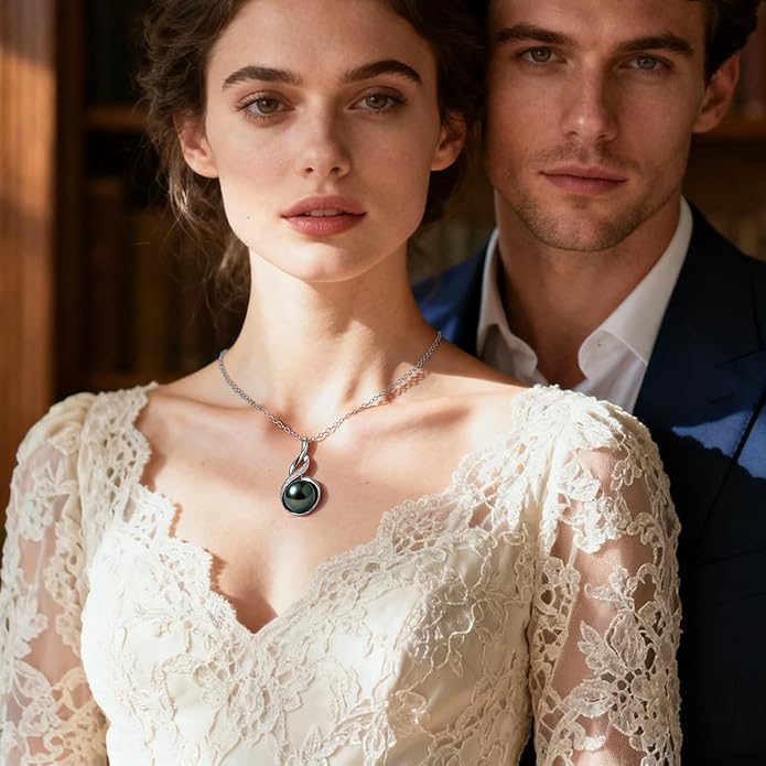 Genuine Tahitian Black Pearl Necklace - Christmas Gift for Wife Mom Daughter Girlfriend, Jewelry Gifts for Anniversary Wedding Birthday, 9-10mm Sea water Pearl with Sterling Silver Moissanite Pendant