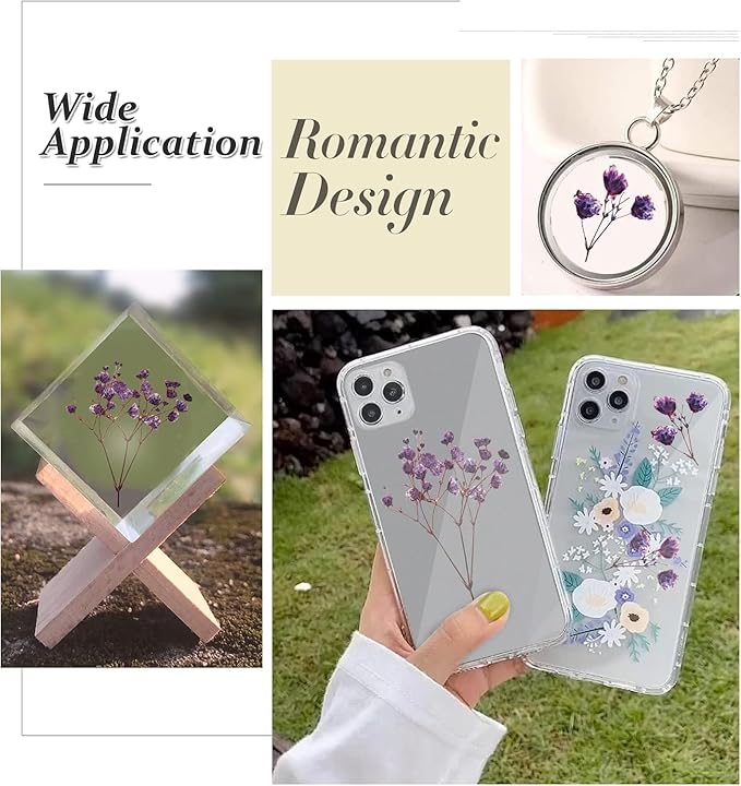 Dried Pressed Gypsophila Flowers with Stem, 42PCS Purple Natural Real Dried Pressed Babysbreath Flowers Dry Flowers for Resin Jewelry DIY Phone Case Decor Crafts Candle Making