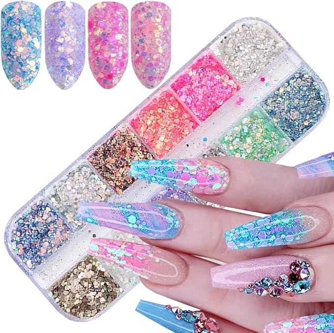 12 Colors Iridescent Glitter Nail Art Sequins, Colorful Sparkly Nail Flakes Design, Holographic Ultra-Thin Hexagon Powder Acrylic Supplies for Women Girls Manicure Summer Decorations, 3D Accessories