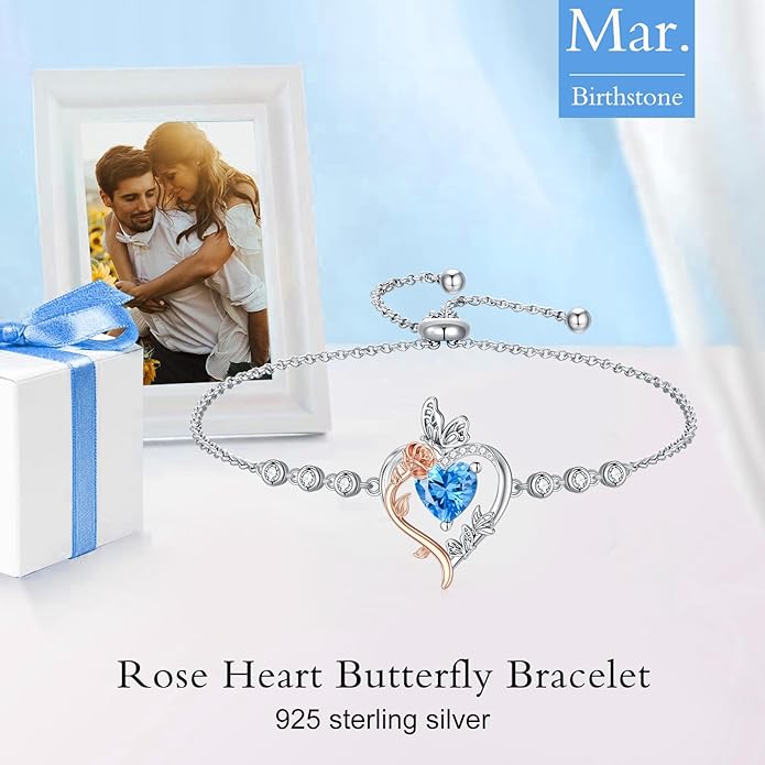 TOUPOP Rose Heart Birthstone Bracelet 925 Sterling Silver Butterfly Heart Bracelet Love Jewelry for Women Anniversary Valentines Day Birthday Gifts for Her Wife Mom