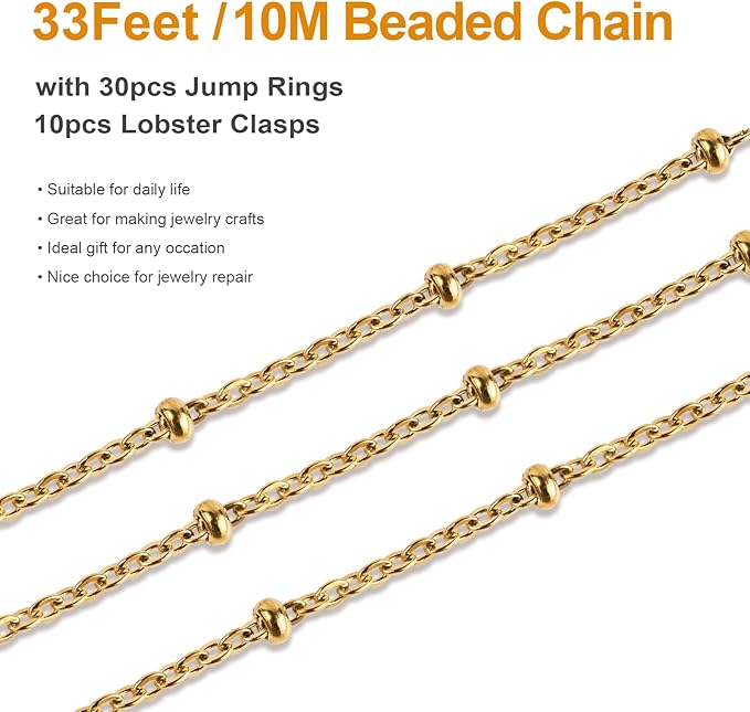 Kyutong 10M Gold Stainless Steel Jewelry Chain in Bulk Beaded Cable Link Chain Roll with Jump Rings and Lobster Clasps for DIY Jewelry Making Supplies