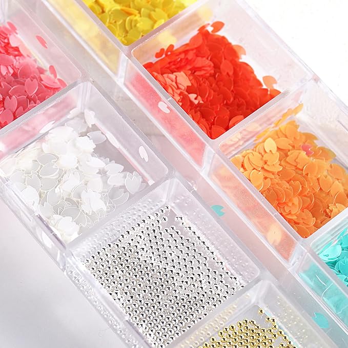 Cherry Petals Glitter, Mixed Flower Beads Rhinestone Decoration Floral Acrylic Nails Designs for Women and Girls Manicure