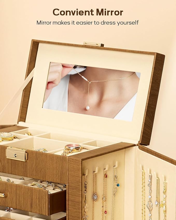 Homde Valentine's Day Gifts Synthetic Leather Huge Jewelry Box Mirrored Watch Organizer Necklace Ring Earring Storage Lockable Gift Case (Brown + Gold)