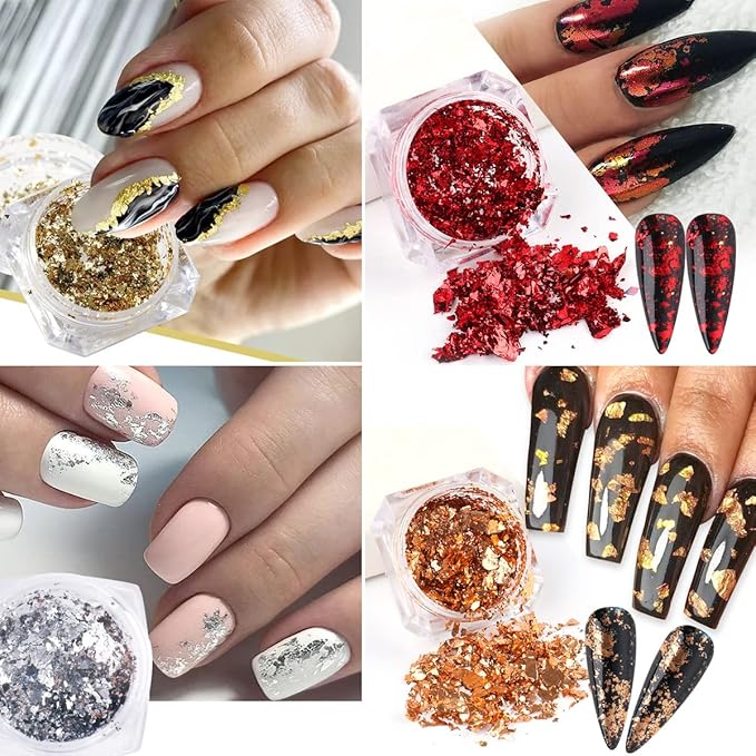 Holographic Nail Foil Glitter Flakes 3D Sparkly Aluminum Foil Flake Sequins Nail Art Accessories Rose Gold Red Silver Foils Glitter Nail Supplies Mirror Powder Acrylic Nails Decoration (4Boxes)