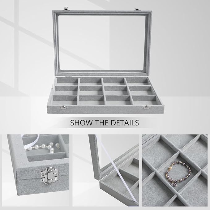 Wudygirl 12 Grid Jewelry Organizer Velvet Jewelry Tray with Clear Lid Jewelry Box Bracelet Holder Display Case Storage Bracelets Rings Earrings Organizer (12 Grid)