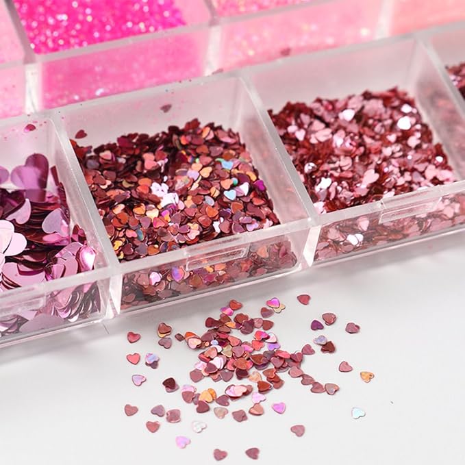 Valentines Holographic Nail Glitter Foils, 12Grid Pink Sparkly Ultra-Thin Foil Nail Art Flakes Design, Laser Nail Sequins Acrylic Supplies for Women Girls Manicure Charms Decor, DIY 3D Nail Art Tips