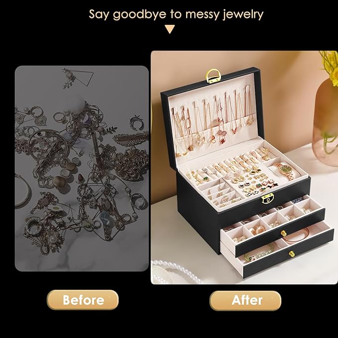 GUOER Jewelry Box for Women Girl Wife 3 Layers Large PU Leather Jewelry Organizer Storage Case with Two drawers Display for Earrings Bracelets Rings Watches (Apricot)