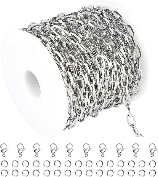 Kyutong 32.8 Feet Flat Oval Paperclip Jewelry Chain Link Silver Stainless Steel Chain Necklace Long Crafting Chains with Lobster Clasps and Open Jump Rings