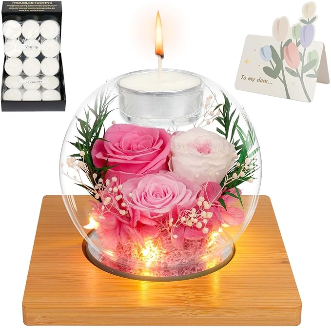 Preserved Pink Real Rose in Glass with Scented Candles–Eternal Flower Romantic Anniversary Mothers Day Christmas Birthday Valentines Day Gifts for Her, Women, Wife, Girlfriend, Mom, Grandma