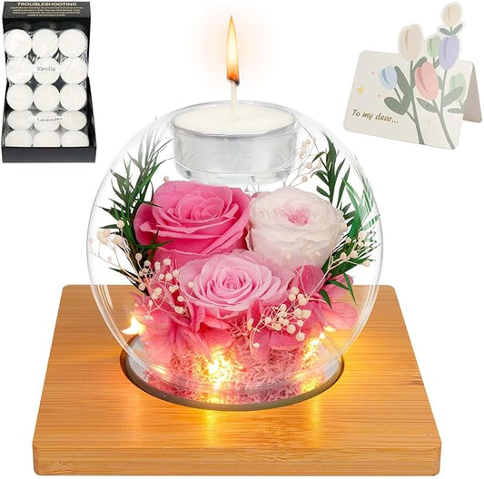 Preserved Pink Real Rose in Glass with Scented Candles–Eternal Flower Romantic Anniversary Mothers Day Christmas Birthday Valentines Day Gifts for Her, Women, Wife, Girlfriend, Mom, Grandma