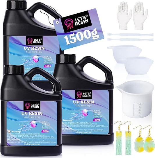 LET'S RESIN UV Resin, 1500g Odorless, Low Shrinkage, Clear Ultraviolet Epoxy Resin with Silicone Measuring Cups, for Jewelry, Molds, Craft Decoration
