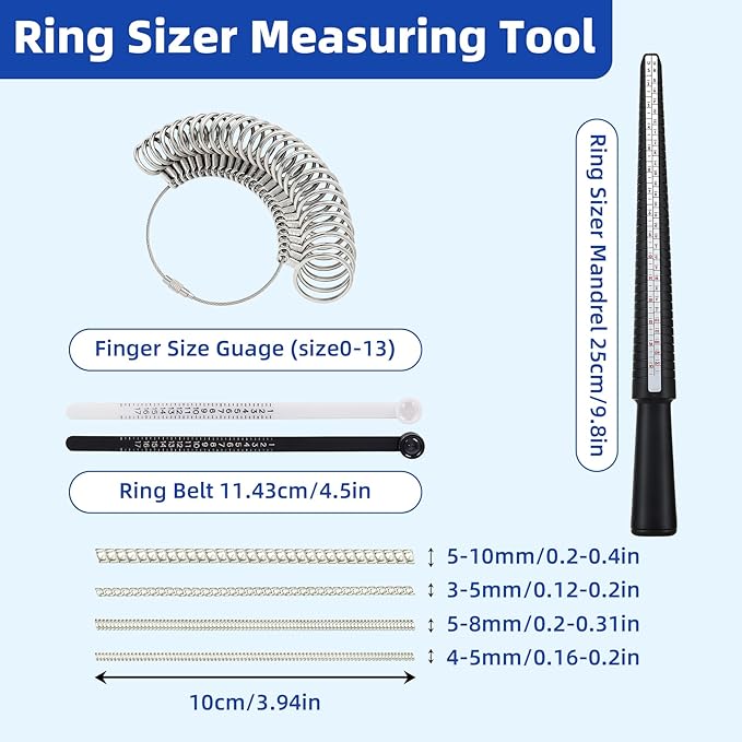 CllyCnny Ring Sizer Measuring Tool Kit : Mandrel Measurer with 27 Steel Measuring Rings US 0-13, 2 PCS Finger Size Gauge US 1-17, 4 PCS Finger Measurer Adjuster for Loose Rings for Men Women