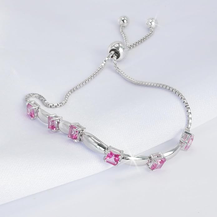 Fine Bracelet Tennis Style Pull String Birthstone Jewelry Gift for Women 925 Sterling Silver Square Sparkling Bolo Gemstone Jewelry Adjustable Bracelets