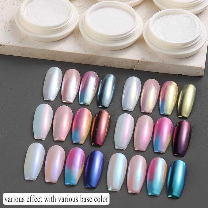 Fcozpjk White Chrome Nail Powder - 6 Colors Pearl Chrome for Nails, Mirror Effect Metallic Rubbing Pigment Dust, Glazed Donut Nail Art Pearlescent Glitter Manicure Decor