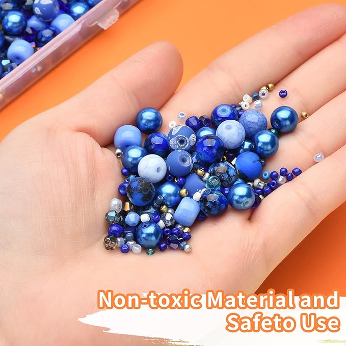 Beads for Bracelet Making Kit, Sapphire Blue Color Include 8mm Assorted Round Glass Beads, 4mm Bicone Crystal Beads, 3-4mm Seed Beads for Jewelry Making, DIY Craft
